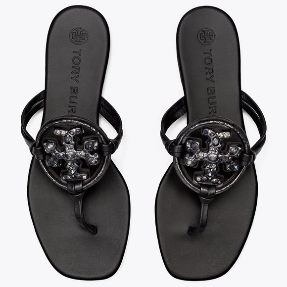 Tory Burch Miller Jeweled Embellished Crystal Leather Thong Sandals Black - Picture 8 of 13
